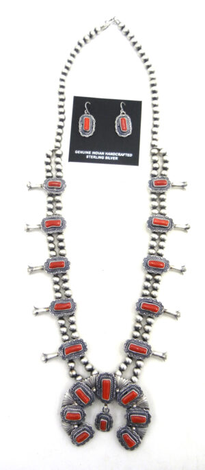 Navajo brushed sterling silver and coral squash blossom necklace and earring set by Thomas Francisco