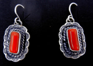 Navajo Thomas Francisco Coral and Brushed Sterling Silver Squash Blossom Necklace and Earring Set