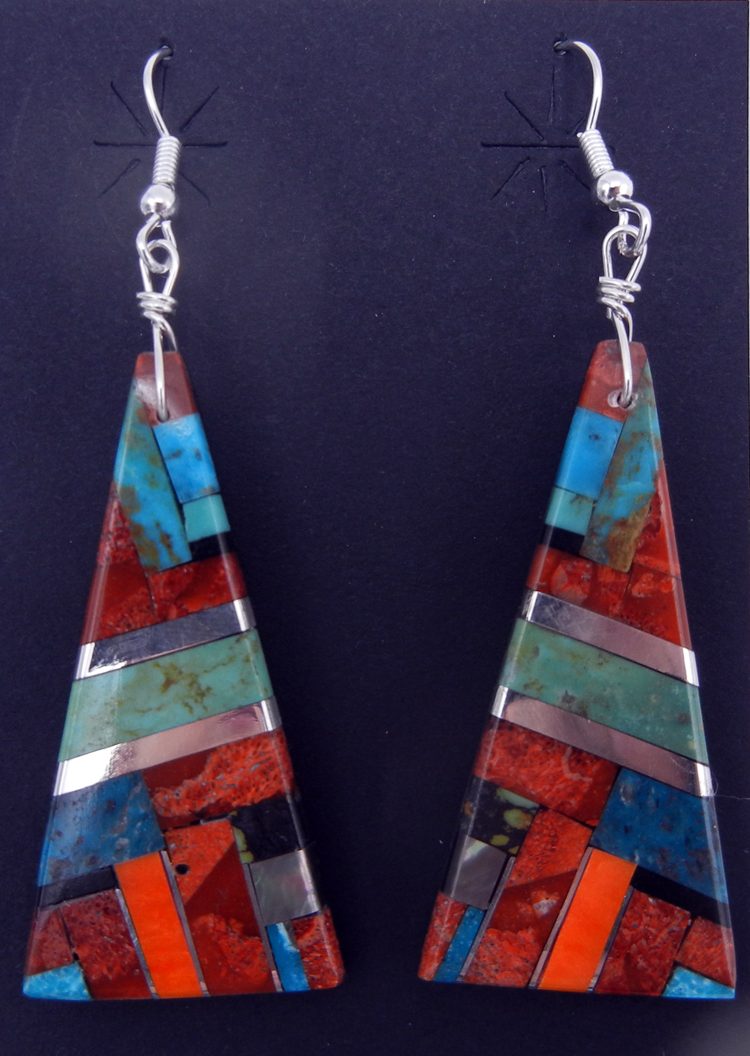 Santo Domingo multi-stone and sterling silver triangular slab dangle earrings by Daniel Coriz