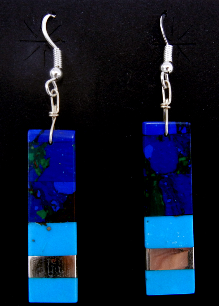 Santo Domingo azurite, turquoise and sterling silver slab dangle earrings by Jeffrey Tenorio