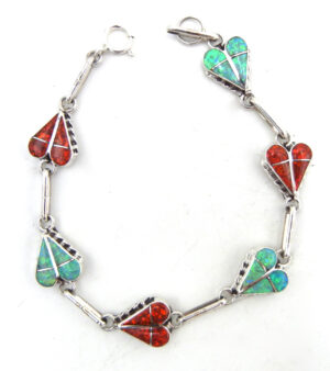 Zuni red and green lab opal and sterling silver heart link bracelet