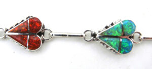 Zuni Green and Red Lab Opal and Sterling Silver Inlay Heart Link Bracelet