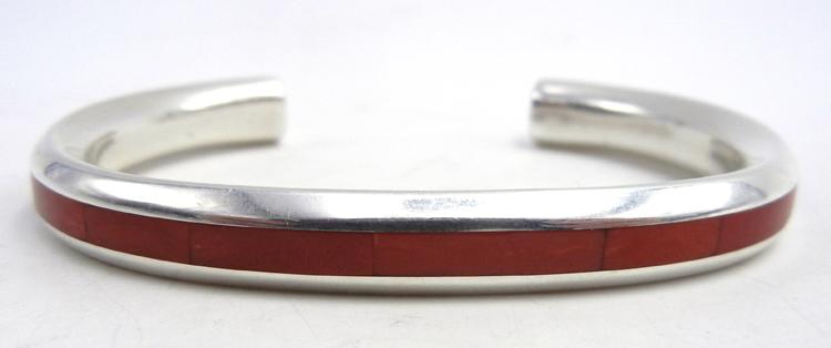 Zuni coral and sterling silver channel inlay cuff bracelet