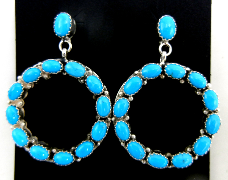 Zuni turquoise and sterling silver post dangle circle earrings