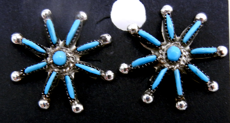 Zuni small turquoise needlepoint and petit point starburst post earrings