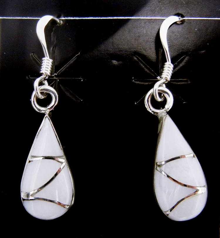 Zuni white mother of pearl and sterling silver small tear drop dangle earrings by Orlinda Natewa.