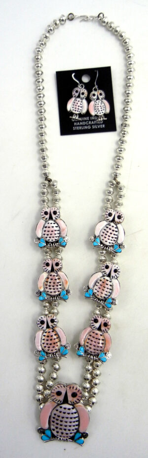 Zuni pink conch, turquoise and jet inlay and sterling silver owl necklace and earring set
