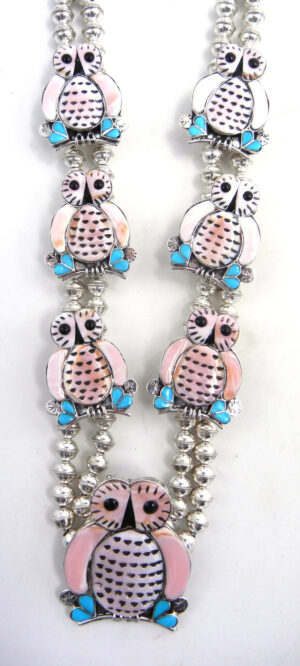 Zuni Pink Conch, Turquoise and Jet Inlay and Sterling Silver Owl Necklace and Earring Set