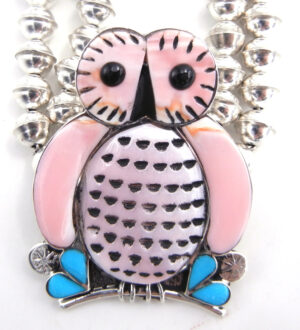 Zuni Pink Conch, Turquoise and Jet Inlay and Sterling Silver Owl Necklace and Earring Set