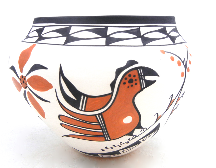 Acoma handmade and hand painted polychrome multi-design jar including parrot, deer, bear and lizard by Beverly Garcia