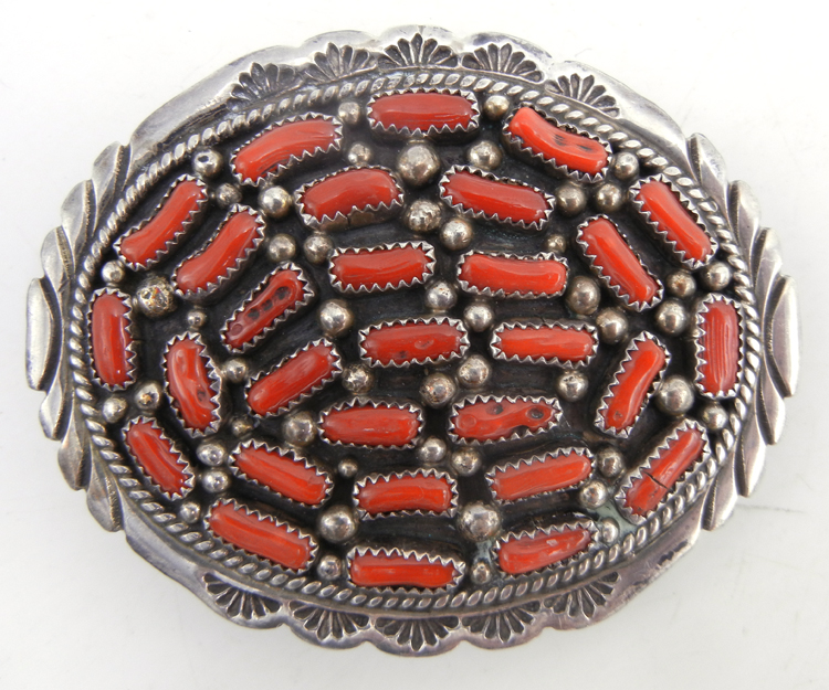 Navajo coral and sterling silver belt buckle
