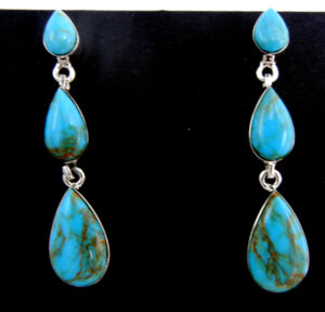 Navajo triple turquoise and sterling silver tear drop post dangle earrings