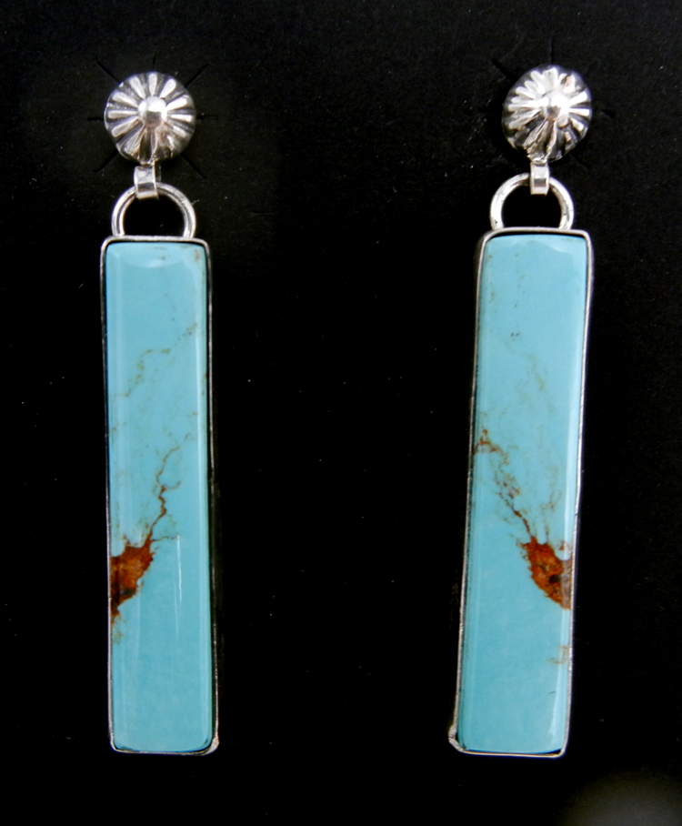 Navajo rectangular turquoise and sterling silver post dangle earrings by Will Denetdale.