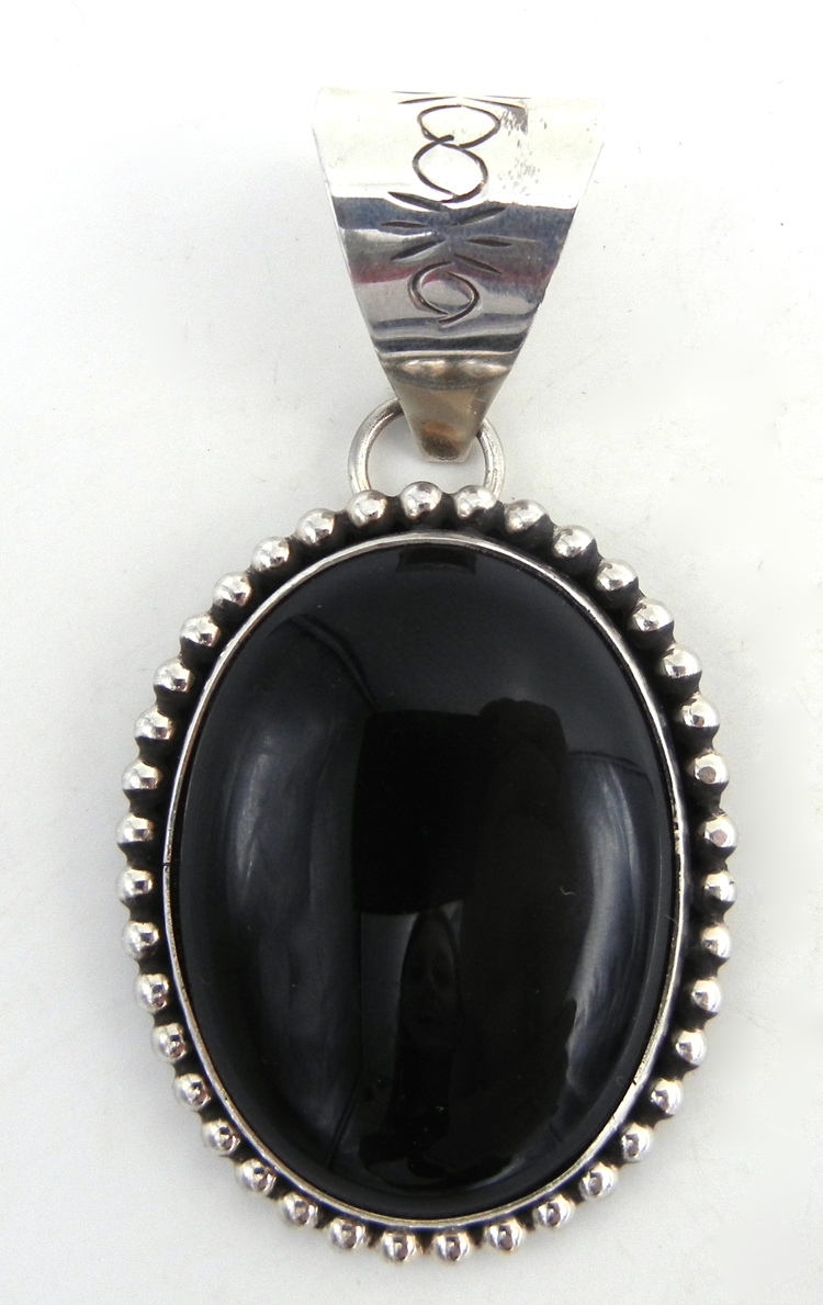 Navajo large onyx and sterling silver pendant by Leonard and Racquel Hurley