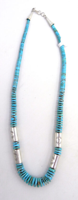 Santo Domingo turquoise heishi necklace with sterling silver cylinders by Ronald Chavez