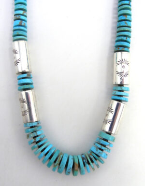 Santo Domingo Ronald Chavez Turquoise Heishi Necklace with Sterling Silver Cylinders