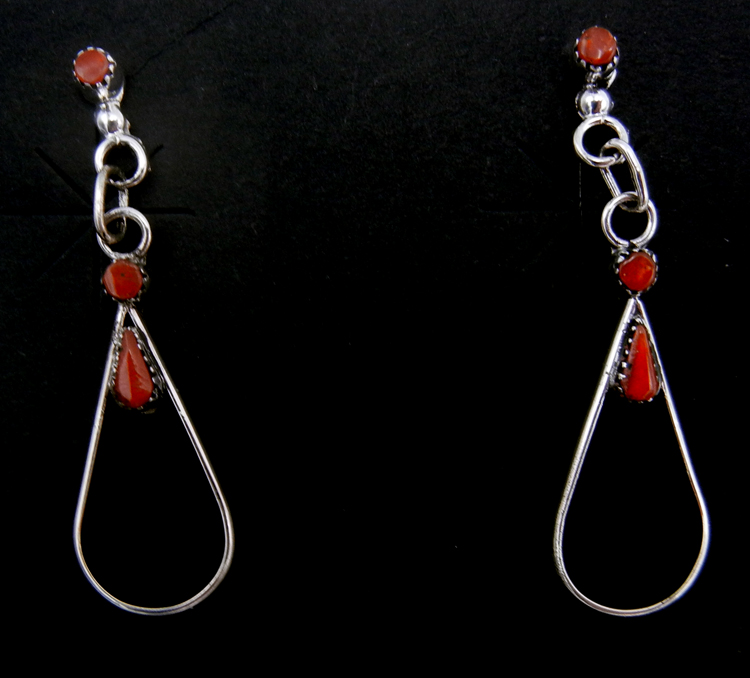 Zuni coral and sterling silver tear drop shaped post dangle earrings