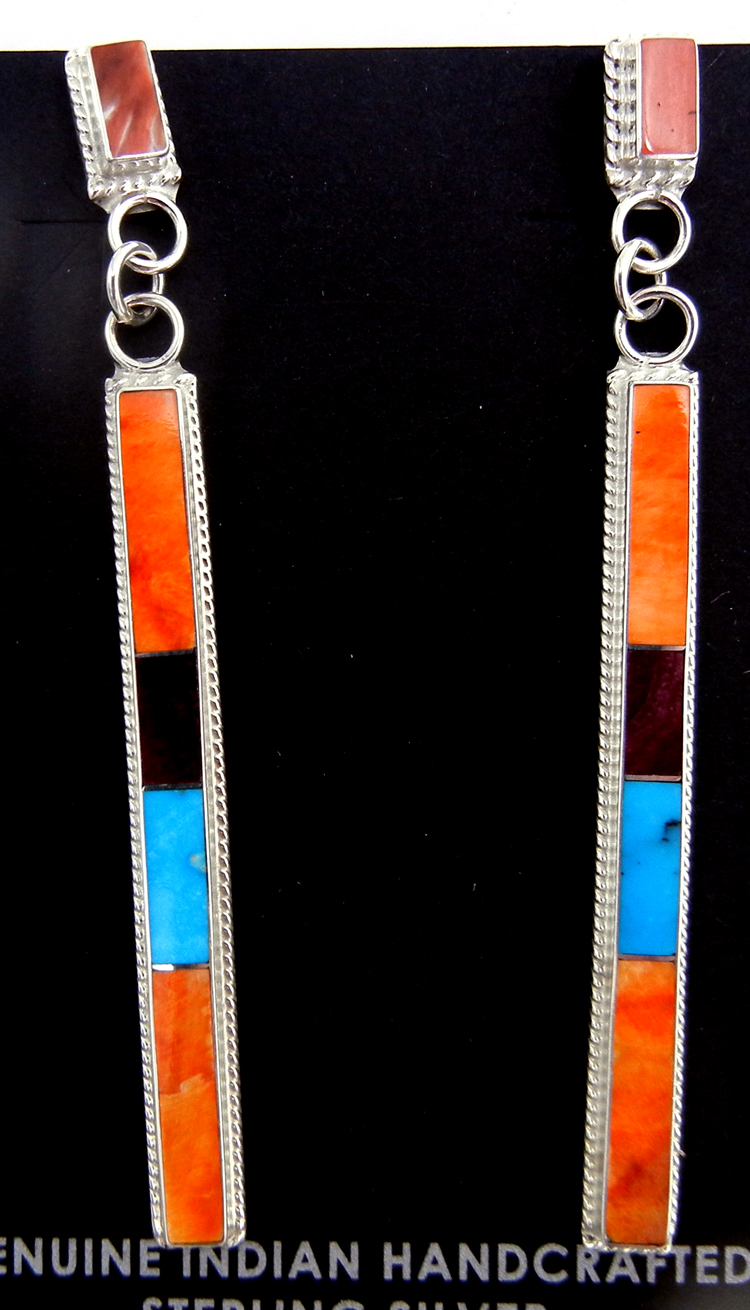 Zuni multi-stone and sterling silver channel inlay post dangle earrings