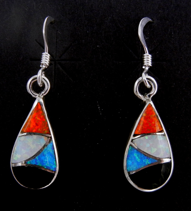 Zuni small multi-stone and sterling silver inlay tear drop dangle earrings by Orlinda Natewa