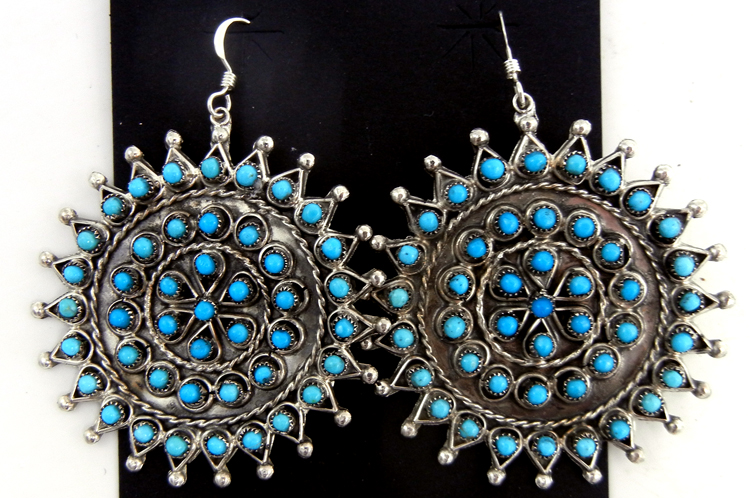 Zuni large circular turquoise petit point and sterling silver dangle earrings