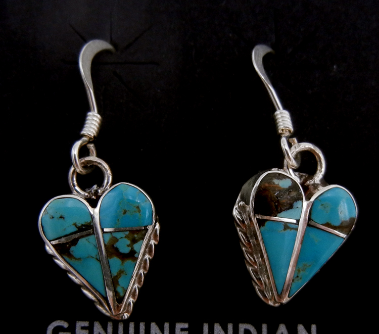 Zuni small turquoise and sterling silver inlay heart dangle earrings