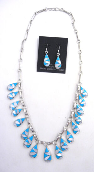 Zuni turquoise, white mother of pearl and sterling silver inlay necklace and earring set