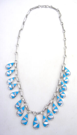 Zuni Orlinda Natewa Turquoise, White Mother of Pearl and Sterling Silver Inlay Necklace and Earring Set