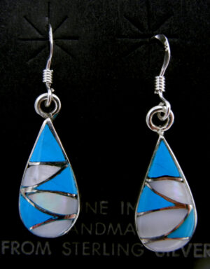 Zuni Orlinda Natewa Turquoise, White Mother of Pearl and Sterling Silver Inlay Necklace and Earring Set