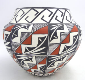 Acoma handmade and hand painted polychrome weather pattern jar by Andy Juanico