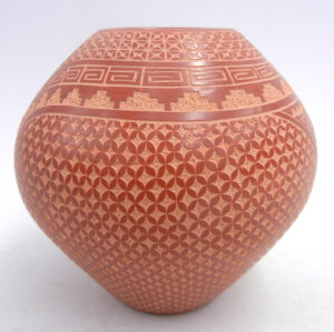 Jemez Wilma Baca Tosa Handmade Red Etched and Polished Multi-Design Jar