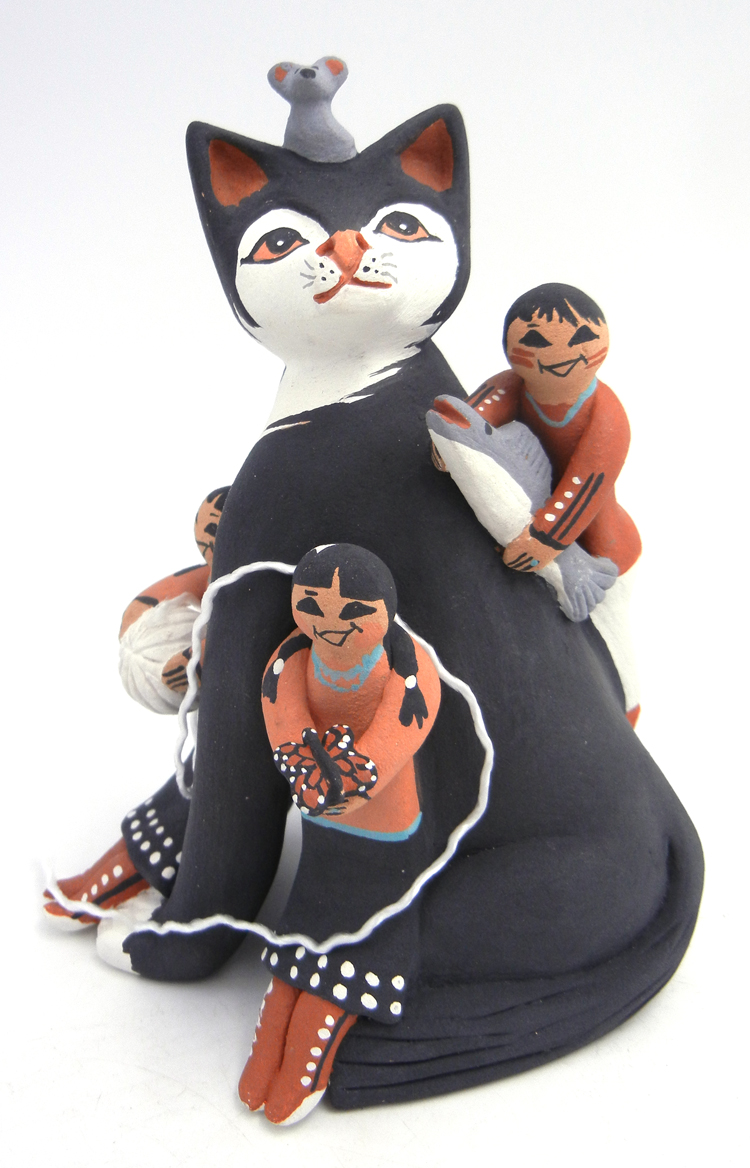 Jemez black cat storyteller figurine with three children, ball of yarn and mouse by Carol Lucero Gachupin