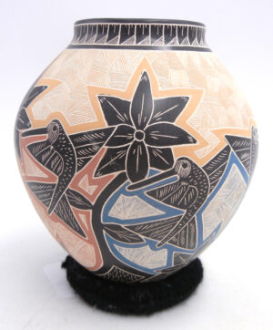 Mata Ortiz Octavio Silveria Handmade, Etched and Painted Polychrome Hummingbird and Flower Pattern Jar