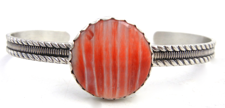 Navajo red spiny oyster shell and sterling silver cuff bracelet