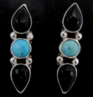 Navajo double onyx, turquoise and sterling silver post earrings