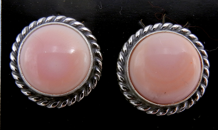 Navajo small round pink conch and sterling silver post earrings
