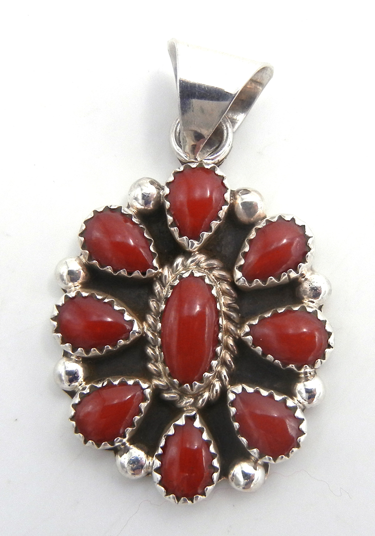 Navajo coral and sterling silver cluster pendant