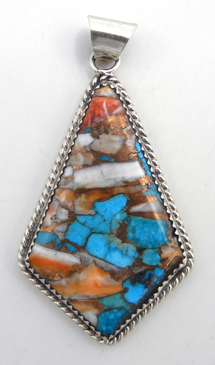 Navajo composite turquoise and orange spiny oyster pendant with sterling silver by Elouise Kee