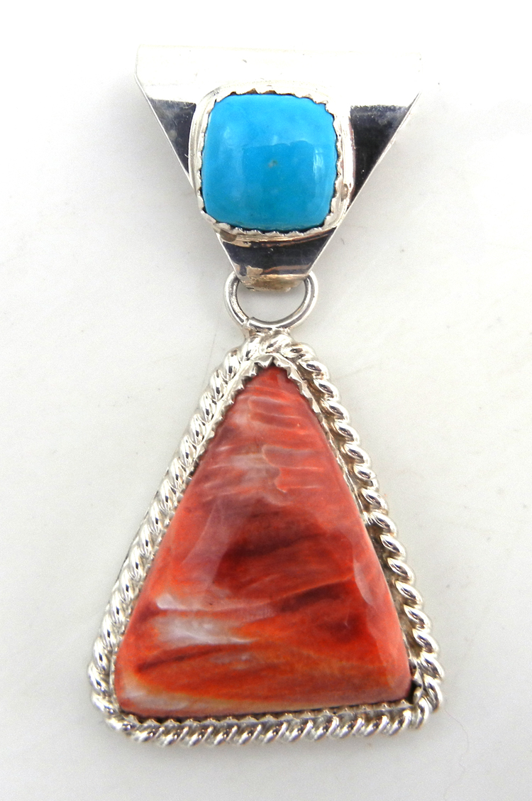 Navajo red spiny oyster shell, turquoise and sterling silver triangular pendant