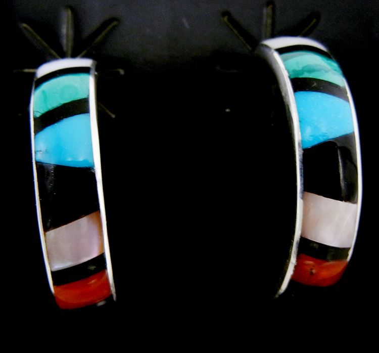 Zuni multi-stone inlay and sterling silver small half hoop earrings