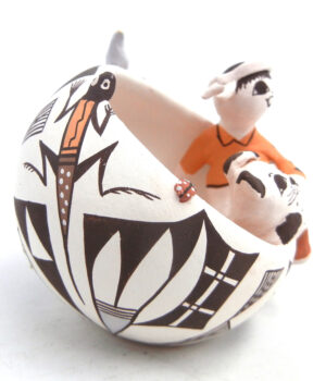 Acoma Judy Lewis Small Handmade and Hand Painted Bowl with Boy and Dog