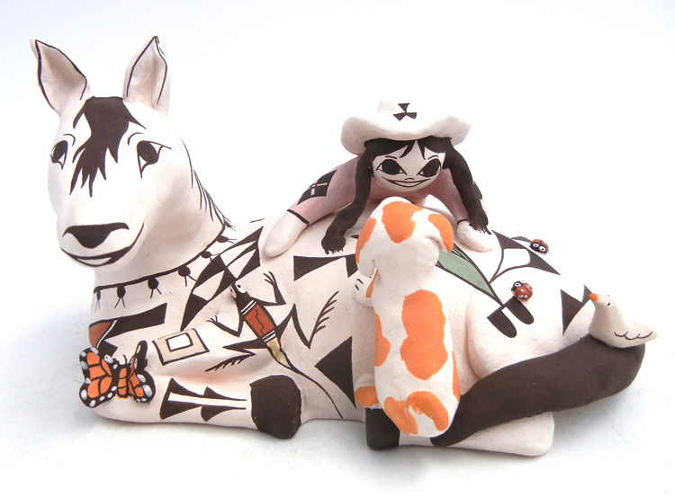 Acoma handmade and hand painted horse figurine with cowgirl and dog by Judy Lewis