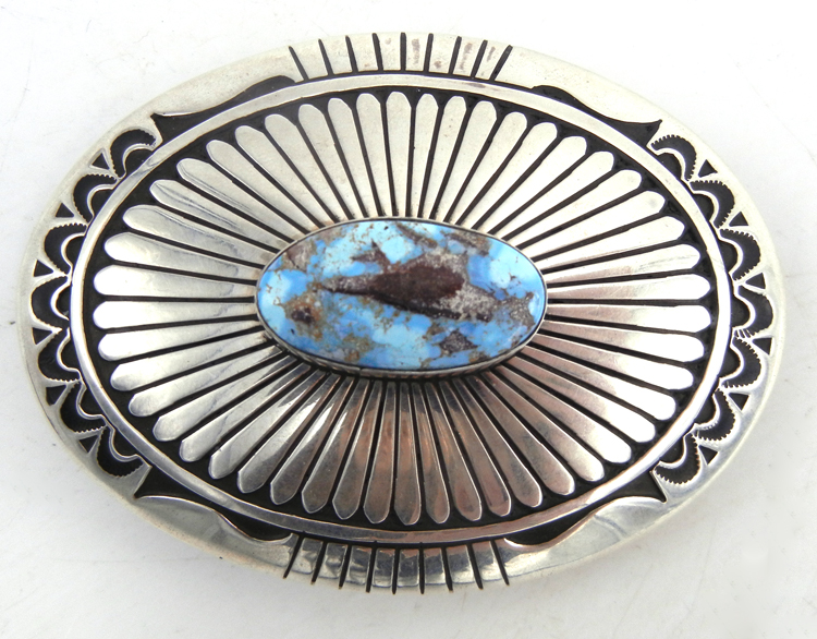 Navajo sterling silver and Golden Hills turquoise belt buckle by Charlie John