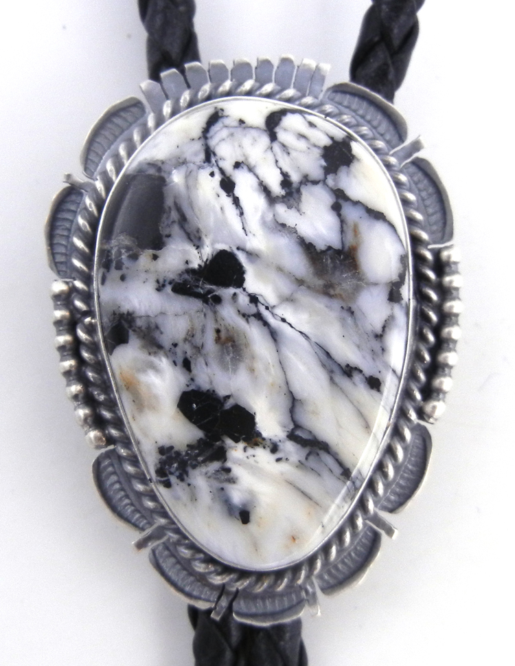Navajo White Buffalo and brushed sterling silver bolo tie