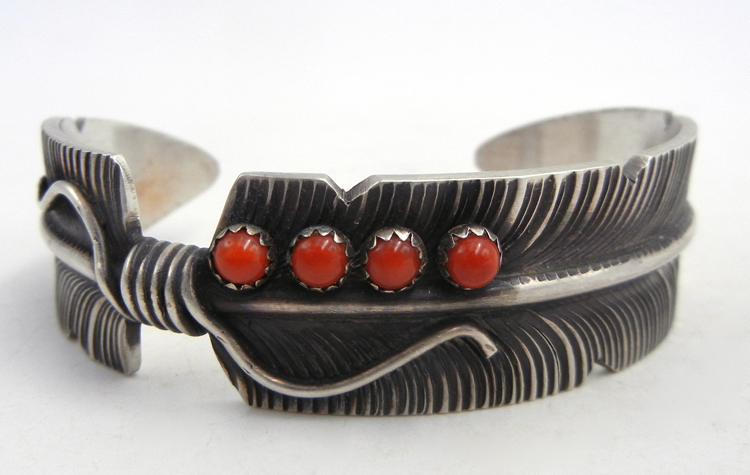 Navajo brushed sterling silver and coral feather cuff bracelet by Chris Charley