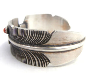 Navajo Chris Charley Brushed Sterling Silver and Coral Feather Cuff Bracelet