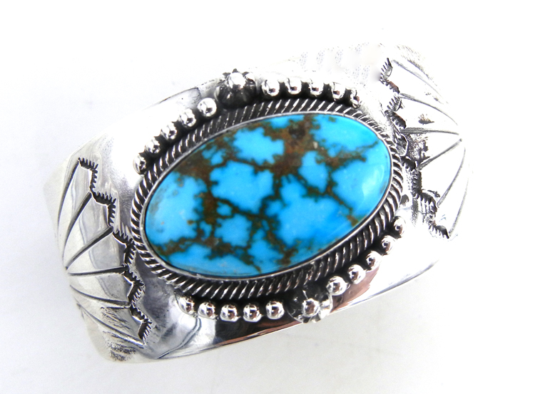 Navajo Kingman turquoise and sterling silver wide band cuff bracelet by Will Denetdale