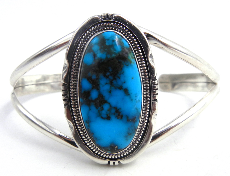 Navajo Kingman turquoise and sterling silver cuff bracelet by Wydell Billie