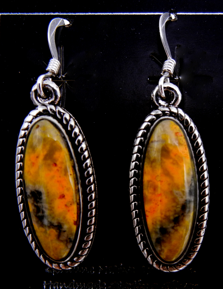 Navajo small bumblebee jasper and sterling silver oval dangle earrings by Art Platero