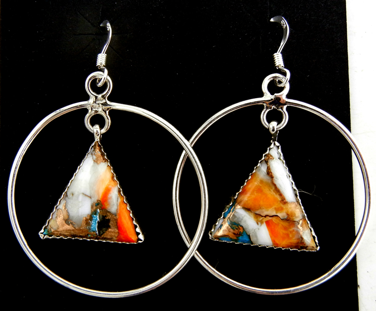 Navajo composite spiny oyster shell and turquoise dangle earrings with sterling silver