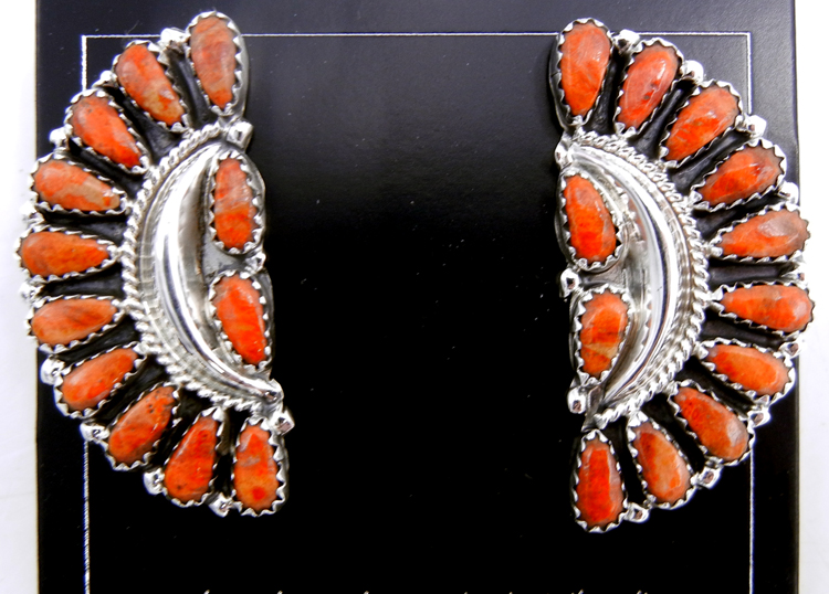 Navajo apple coral and sterling silver fan shaped earrings by Zeita Begay
